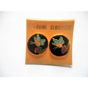 Vintage Cloisonne Butterfly GOLD TONE Carded Post Pierced EARRINGS